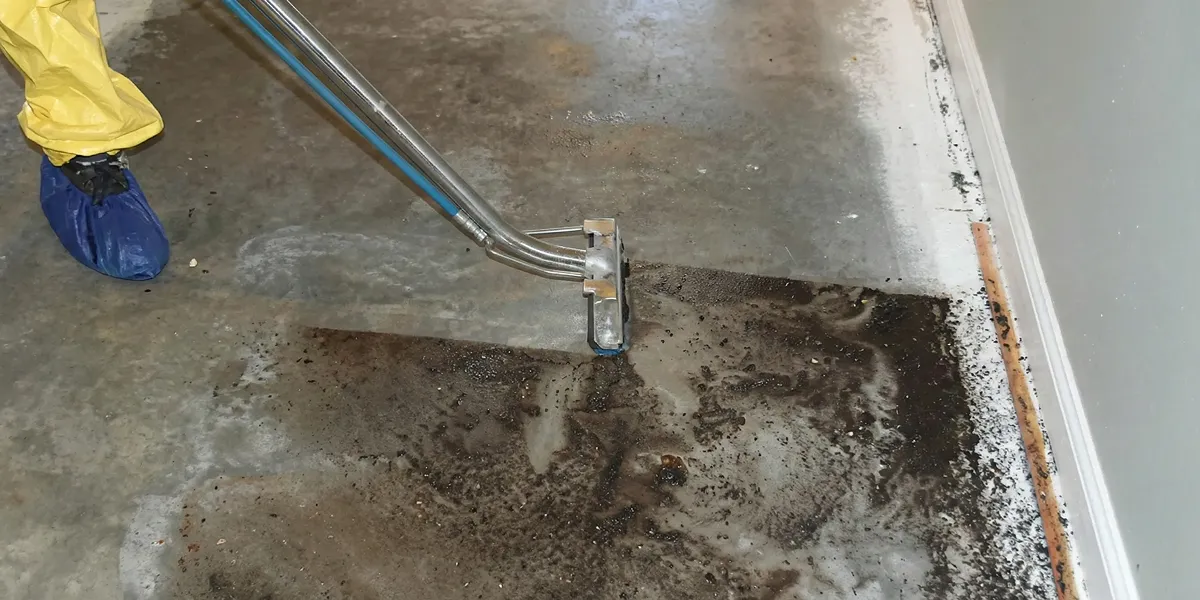 sewage removal technicians extracting contaminated wastewater from a residential floor in Seattle, WA